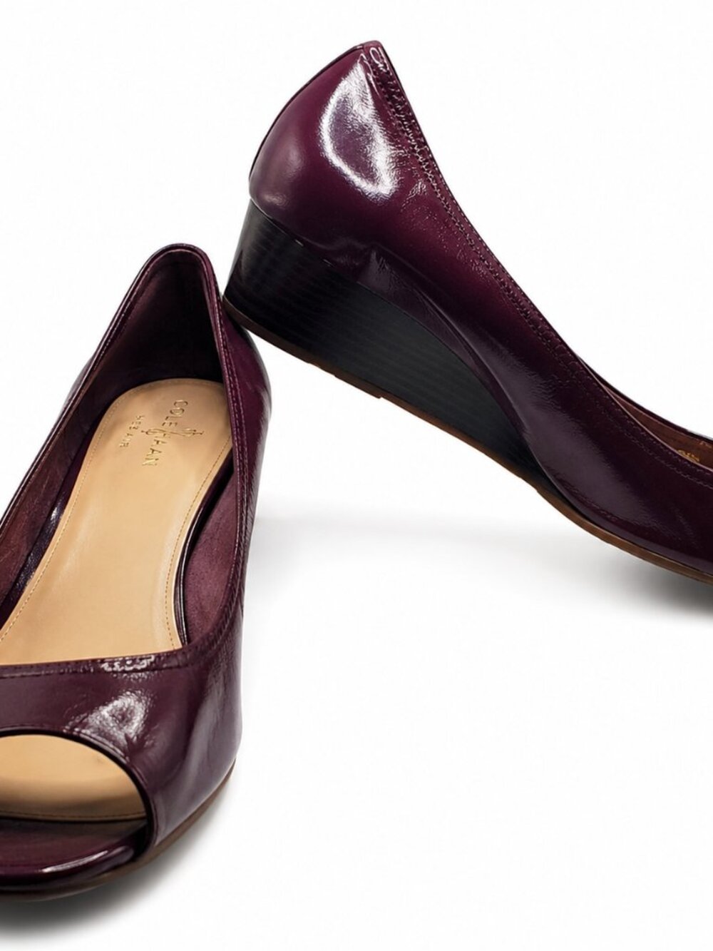 Cole Haan Nike Air Leather Peep Toe Wedge Pumps Plum 11B